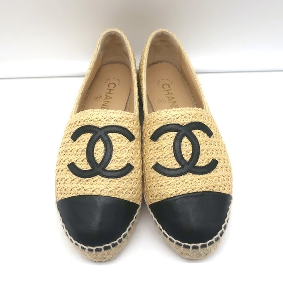 Chanel 22P CC Cap Toe Espadrilles Beige Braided Fabric & Black Leather Size 37 - Picture 4 of 11